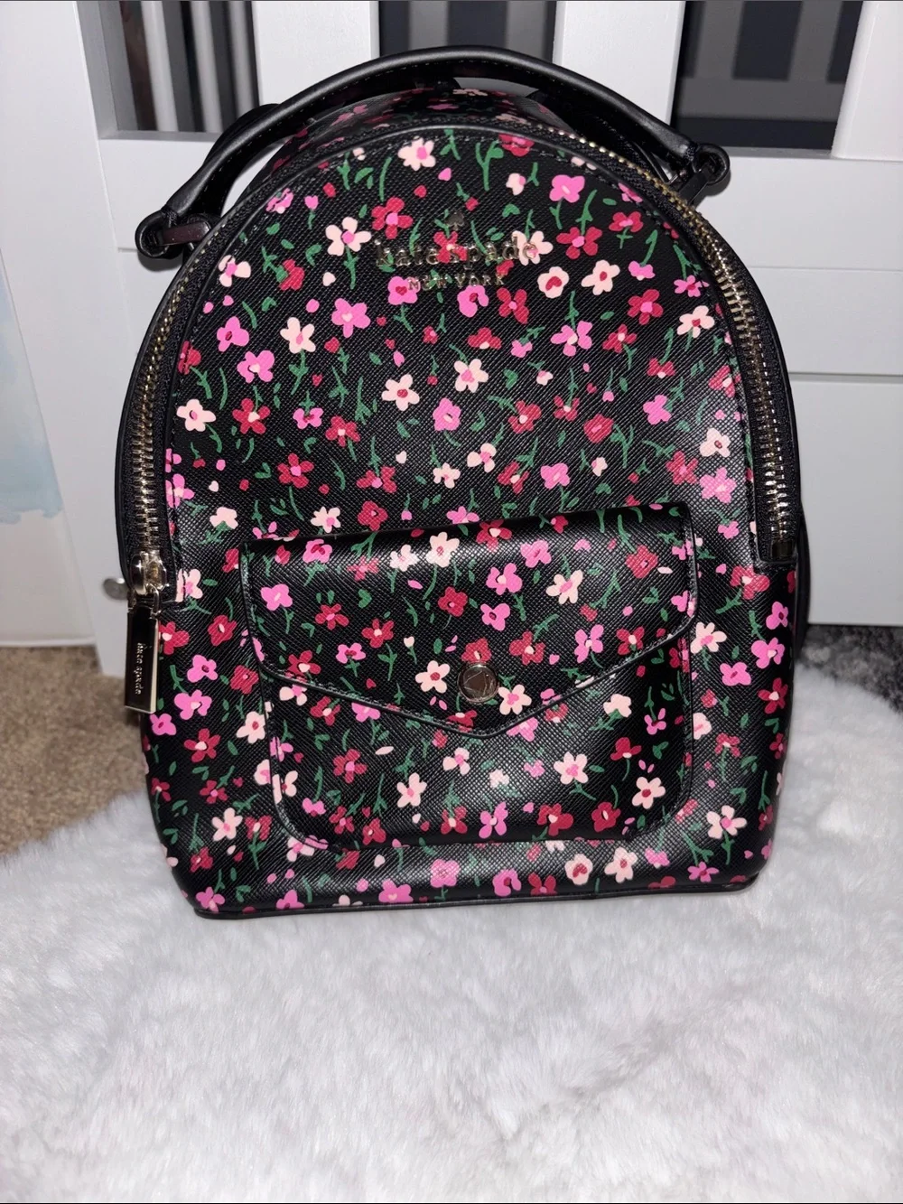 kate spade Black Floral Mini Backpack with Pink and White Blossoms